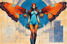 Hand drawn technical,full body portrait illustration , with detailed blueprints and engineering schematics of a walking Atlas moth insect girl, in the comic book art style of BILL SIENKIEWICZ and JEAN GIRAUD MOEBIUS, with highly detailed facial features, drawings, and technical notation, 8k, vibrant natural colors