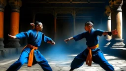 An image of two wushu fighters fighting in a black, orange, and blue color scheme in a unique, ancient setting.