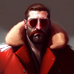 a young man with big muscles who looks like hans gruber wearing a heavy coat and red sunglasses staring with an angry look on his face