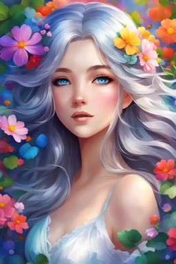 Beautiful anime girl with shiny flowing gray hair and full clover leaves on her hair, lovely bright blue eyes, daydreaming, surrounded by colorful flowers, very beautiful, very colorful, vibrant colors, digital painting, colors alive