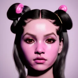 perfect symmetry,Rosalía artist, black eyeliner, pigtails hair, gold, pink, geisha, led lights, fog, rain, latex, soft color, highly detailed, art stations, concept art, smooth, unreal engine 5, god rays, ray tracing, RTX, lumen lighting, ultra detail, volumetric lighting, 3d, finely drawn, high definition, high resolution.