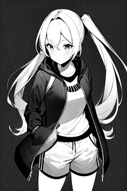 blonde girl with ponytails dressed in a jacket and shorts walks proudly, greyscale