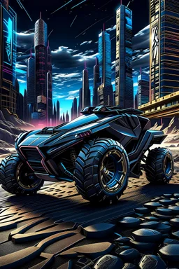 Craft an artistic rendition of a Dune Biggie, incorporating the intense and stealthy design elements found in black ops themes." "Imagine a Dune Biggie ATV with a Black Ops twist – emphasize its off-road prowess and covert style in your depiction.