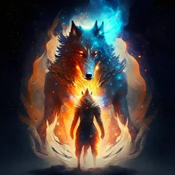 A terrible creature with a wolf's head and a human body,A shield made of fire and magic and the galaxy