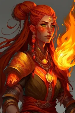 Female paladin Druid. Made from fire, hair is long, half braided. Eyes are big, looks like fire . Makes fire with hands.