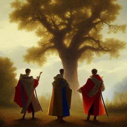 Three men in long hooded robes striding towards a tent in the shade of oak trees at afternoon