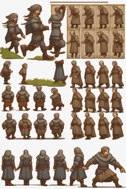 character sprite for pixel game in the medieval style side view, all position, run jump, crouch. hyper-detailed. trending on artstation. --ar 9:16