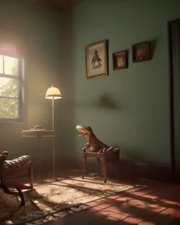 Room scene with alligator sleeping, Wes Anderson styler, realistic image, concept art, smooth, unreal engine 5, god lights, ray tracing, RTX, lumen lighting, ultra detail, volumetric lighting, 3d.