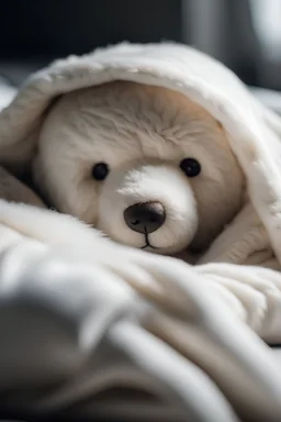 cute white Teddy bear asleep under a blanket