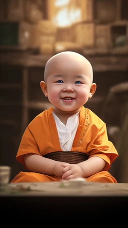 A 3-year-old monk boy with round cheeks, sitting, looking at the camera, monk costume, cute and cute, masterpiece, high quality, highly detailed.