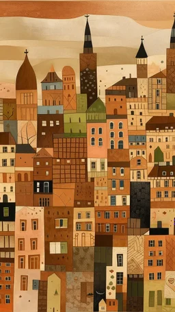 A brown city with blocky buildings designed in Scandinavian folk art painted by Paul Klee