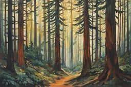 Painting of a lush haunted giant redwood forest , pierced by shafts of soft sunlight at dawn , in the Expressionist style of Egon Schiele, Oskar Kokoschka, and Franz Marc, in muted natural colors