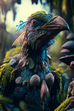 birdman portrait in fungus garden, hi detail, 4k, clear focus, depth of field, color correction, studio quality, backlight