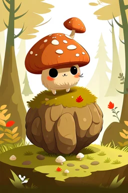 Vector image of a cute, young and agile character of a mixed animal, mixed acorn, standing in a Nordic forest with big rocks, moss and mushrooms in the background