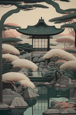 Somber Japanese garden in art deco style