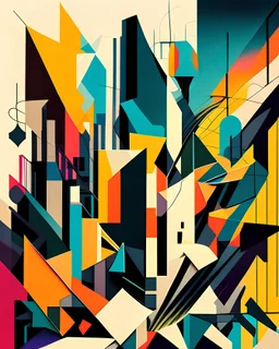 An abstract, cubist-inspired depiction of a city skyline, using fragmented shapes, bold lines, and a harmonious color palette to create a dynamic composition that expresses the urban energy and rhythm of the city.