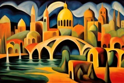 A surreal city with rivers, arches and domes by artist "Arthur Garfield Dove",by artist "Leonora Carrington",by artist "Emil Nolde"