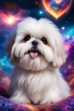 fluffy extra large eyed very happy puppy white-gold shih-tzu in the distance a colorful intricate HEART shaped planet similar to earth in a brig ażht nebula. sparkles. Cinematic lighting,vast distances, swirl. fairies. magical DARKNESS. SHARP. EXTREME DEPTH. jellyfish, cinematic eye view