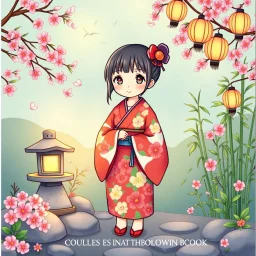 Create a book cover for Cozy Japan Coloring Book featuring a charming Japanese girl in a vibrant, floral yukata as the central figure. She is surrounded by cozy, peaceful elements of traditional Japanese scenery—such as falling cherry blossoms, a small stone lantern, bamboo groves, and paper lanterns softly glowing above her. The setting is tranquil and colorful, evoking a warm, inviting atmosphere of everyday Japanese charm. Illustration in vivid color style with delicate textures, soft lightin