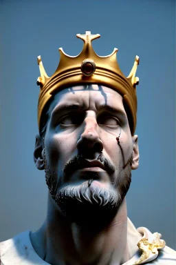 Ultra Realistic image, Roman sculpture, white marble material, Lionel Messi, gold crown of thorns, god crown, baroque ornaments, sun ornament, sun rays background, chisel style, waist up portrait, epic, celestial, cinematic lighting, God light, god rays, 4k resolution, smooth details, soft lighting, unreal engine 5, art station, substance 3d.