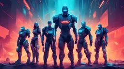 a digital illustration of the concept of "Team Humanity" standing strong against opposing forces, futuristic style, vibrant colors, medium shot, dynamic composition, digital art, sci-fi, cyberpunk, powerful, united, digital medium, trending on social media.