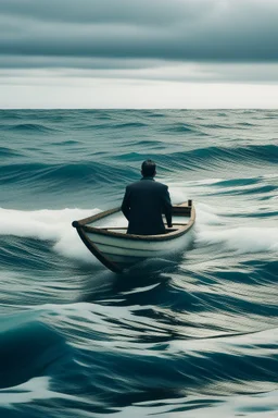 a man in row boat against the tied of the ocean