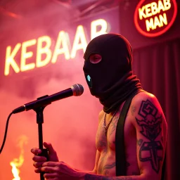 a very thin swedish man, with a skimask with only a hole for the mouth (no eyes), he is called "KEBAB MAN" performing at death metal club, his name is "KEBAB MAN" kebab rolls On stage, kebab Neon lights and smog, and "KEBAB MAN" big sign on the wall, kebab tribal tattooes, spinning kebab machines, flames and smoke, chaos, he singing with mic,