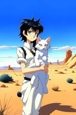 Meryl Stryfe Trigun young girl short black hair anime white clothes standing in the desert with a cat in her arms