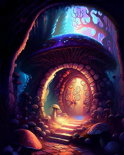 entryway to an elite mushroom dungeon at dawn fantasy rpg painterly art