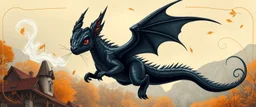 portrait of a shiny black dragon squirrel in autumn, flying above wooden castle, breathing smoke, book cover illustration, with swirly metallic wing border