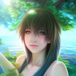 Insanely portrait of beautiful girl, beautiful face, sunny, relaxing, sea, trees, real details, hyper photo realistic, anime style, glowing forest, 8k