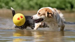 Funny laughing dog in the water playing with ball