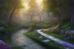  winding stone path lit river