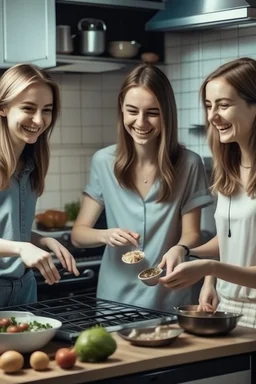 photo quality. 3 lightly dressed smiling young women cooking a recipe in the kitchen.