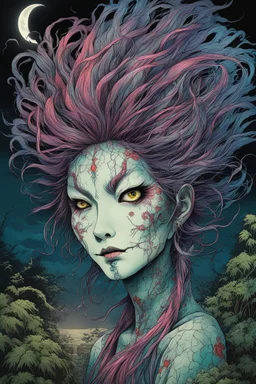 full color 3/4 profile portrait of a haggard and malevolent Harionago yokai "Barbed Woman" with wild, highly detailed hair and slim, narrow facial features, in a haunted Chaniwa garden, pierced by shafts of moonlight , art in the style of Alex Pardee, spirited away, studio ghibli, , 8k , finely detailed and precise line work, soft gauzy pastel colors