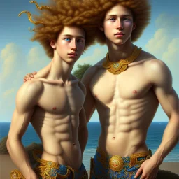 intricate, sharp focus, highly detailed, digital painting, Paul Lewin and Kehinde Wiley, full body image of a beautiful 12 year old boy with long, blonde curly hair and light blue eyes, smiling, shirtless, in front of an distant beach