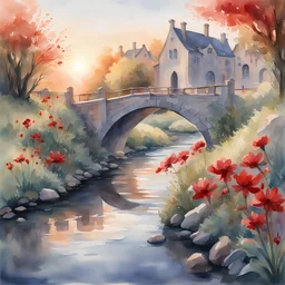 Vista lateral de un puente sobre un arroyo, flores rojas en la orilla, anochecer en tonos azulados, sombras brillantes, fantasia medieval, alto nivel de detalles, dibujo en acuarelas