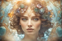 double exposure, merged layers, top view pattern of gemstones in sunshine intimate Victorian Boudoir, soft edges bokeh highly detailed dof portrait dynamic lighting Alphonse Mucha