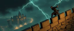 d&d professional ninja thief climbing a wall during lightening, seen from top of castle wall
