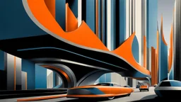 (hustle and bustle:55), loop kick, (deconstruct:28), retro futurism style, urban canyon, centered, great verticals, great parallels, hard edge, colors of metallic orange and metallic steel blue