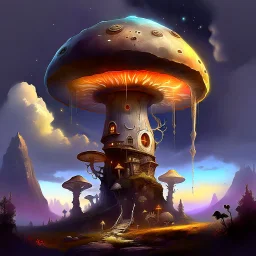 A fantabulous glowing, (((mushroom tower house))) erected atop a (tall geologic pillar), surrounded by uncanny imaginative ((( spiraling skies))), offset by the stark hues of a (nebulous space scape), . captured by the hand a skilled master painter with a focus on (softly textured compositions and voluminous lighting).