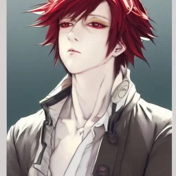 Detailed anime boy, crimson red hair, wolf ears, white trench coat, intricate details, full body portrait, keep head in frame, slight smile, black Japanese motif, concept art, highly detailed, digital painting, concept art, sharp focus, illustration, art by Yoji Shinkawa, WLOP and greg rutkowski and alphonse mucha and artgerm and yanjun Chen and Junji ito and Makoto Shinkai, HDR, octane render