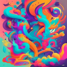 Create a vibrant and energetic illustration representing the initial stage of enjoyment and experimentation with hash. Command: Use bold and dynamic shapes and colors to convey energy and excitement. Elements: Joyful figures, swirling shapes, abstract patterns, smoke-like forms.