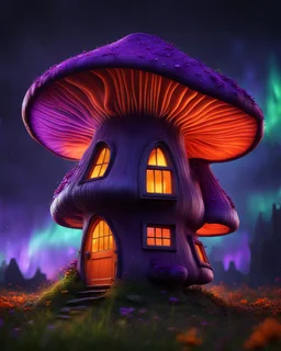 An asymmetrical mushroom house in the night sky. in space. Bright Bold Bright Colors, purple orange green, Stark Dark background. Detailed Matte Painting, deep color, fantastical, intricate detail, splash screen, hyperdetailed, insane depth, Fantasy concept art, 8k resolution, trending on artstation, Unreal Engine 5, color depth, Deep Colors, backlit, splash art, dramatic, splash art Style. High Quality, Painterly, Whimsical, Fun, Imaginative, Bubbly, good detail, perfect composition,