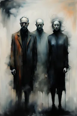 painting of a two men and woman standing next to each other in the fog, eric lacombe, style of dave mckean, francis bacon and agnes cecile, inspired by Dave McKean, rafaelle monti and beksinski, two figures, dave mckean and stina persson, by Dave McKean, inspired by Dorothea Tanning, by Caro Niederer