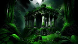 the embrace of the green My With dreams. In the garden my mind bows . The antic collonades palace in the midst in the jungle , A rocky mountain where a large waterfall falls from the sky. space color is black , where you can see the fire and smell the smoke, galaxy, space, ethereal space, panorama. With the songs of dawn and the sadness of sleep Every leaf - that trembles in the embrace of the green My With dreams, An otherworldly planet,