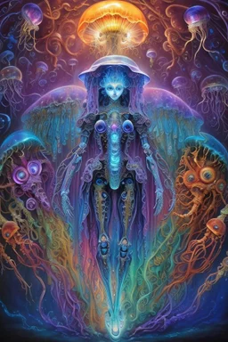 beautiful .bones. A jellyfish Cosmic robot developed .Fantasy, perfect anatomy, Coral trees, alien fruits ..fantasy, vibrant digital art professional award winning masterpiece, oil on canvas Atmospheric extremely detailed Josephine Wall