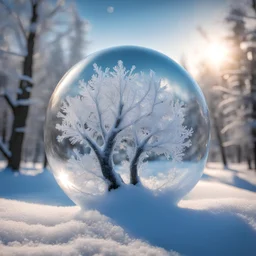 Beautiful frozen bubble. Fractals and ice crystals is frosen in the bubble. snowy landscabe witht trees topped with snow