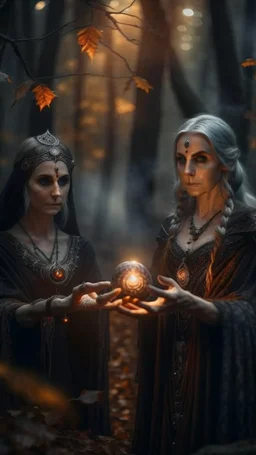 close up portrait of merciless medieval countess and her creepy sister in big eyed trance, delicate hands holding fire ball portal, full moon, swirly mist,autumn wind, performing arcane invocation ritual of smoke demon with immense power on luminous stone altar in dark forest grove, shot on Hasselblad h6d-400c, zeiss prime lens, bokeh like f/0.8, tilt-shift lens 8k, high detail, smooth render, down-light, unreal engine, prize winning