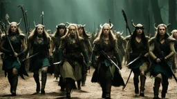 [Month python and Pan's Labyrinth (2006)] heavily armed female elf group on the march, rusty and dusty with sharp pole arms